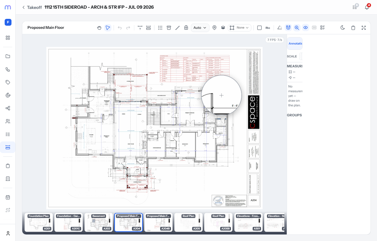 draft.build editor showing a construction plan with live takeoff